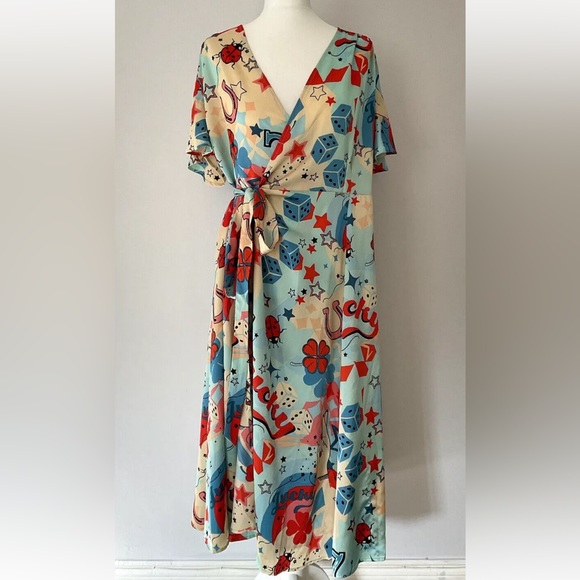 Never Fully Dressed Lucky Angel Zsa Zsa Contrast Wrap Midi Dress UK 14 - Picture 2 of 5